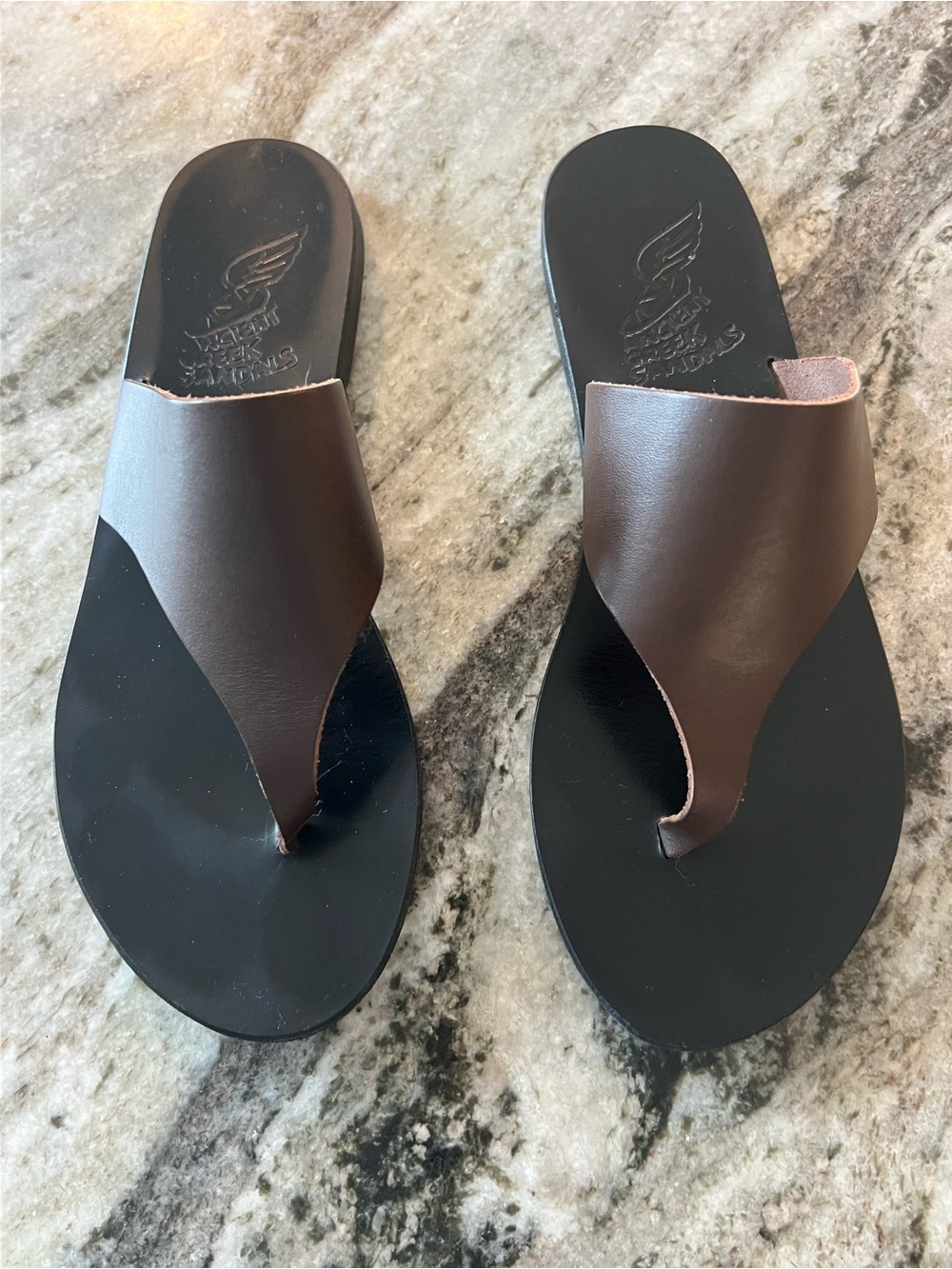 Ancient Greek Sandals Brown and Black Leather Thong Sandals